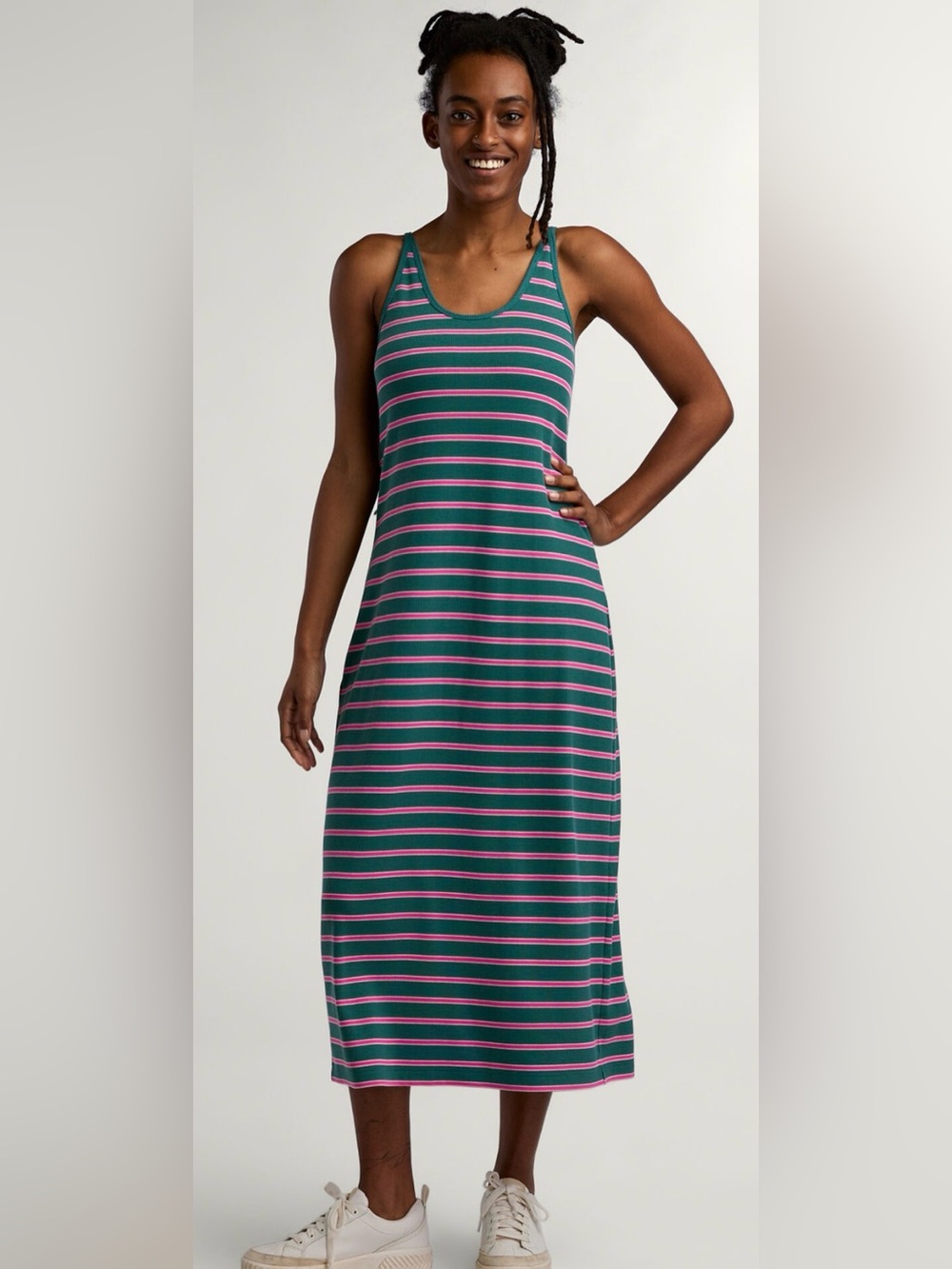 NWT Title Nine Headlands Ribbed Midi Dress Emerald Bay Stripe Large